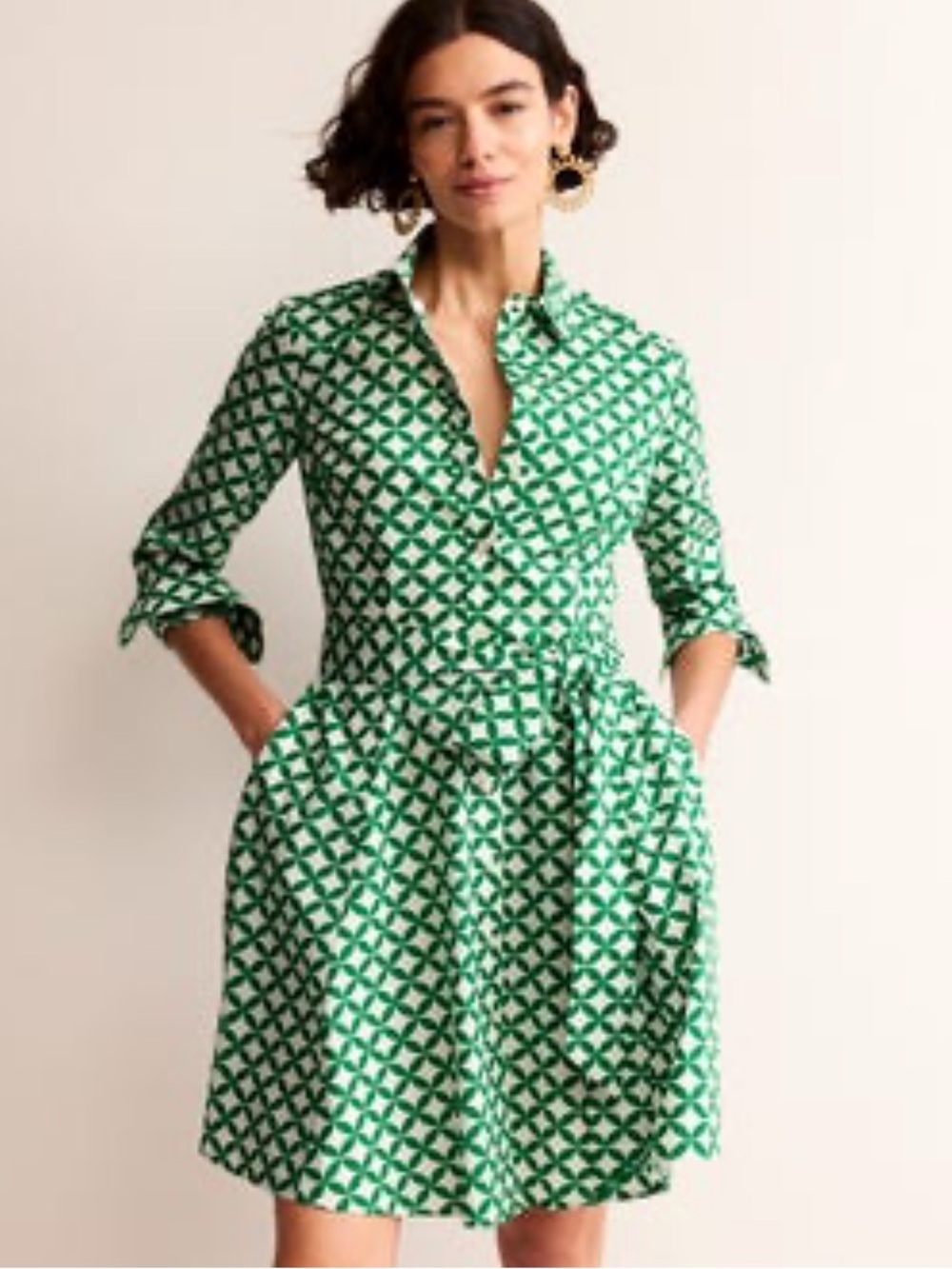 Boden Button-Front Green Diamond Print Amy Cotton Mini Dress with Pockets - Picture 2 of 6